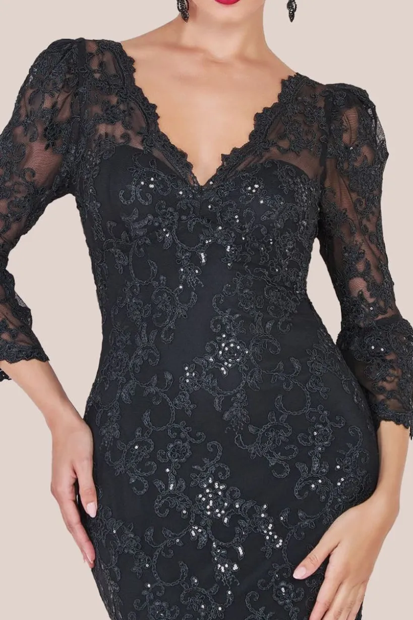 Sequin Scallop Lace Midi Dress - Black by Goddiva