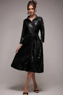 Sequin Skater Shirt Dress - Black by Goddiva