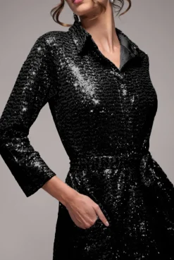 Sequin Skater Shirt Dress - Black by Goddiva