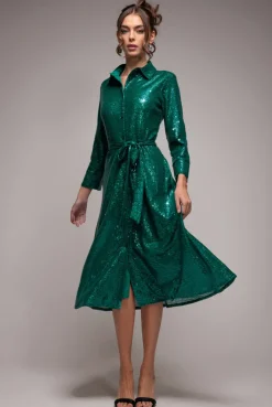 Sequin Skater Shirt Dress - Emerald Green by Goddiva