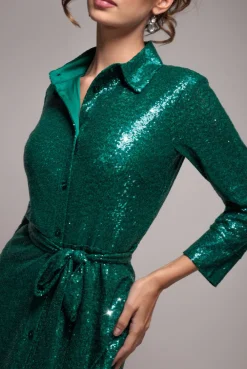 Sequin Skater Shirt Dress - Emerald Green by Goddiva