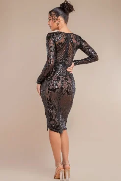 Sequin Square Neck Bodycon Midi Dress With Scalloped Hem - Black by Goddiva