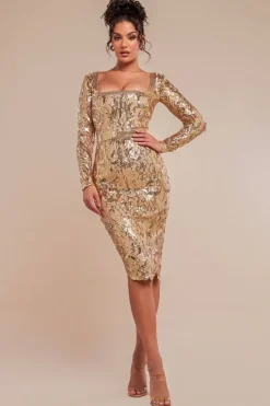 Sequin Square Neck Bodycon Midi Dress With Scalloped Hem - Gold by Goddiva