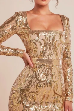 Sequin Square Neck Bodycon Midi Dress With Scalloped Hem - Gold by Goddiva