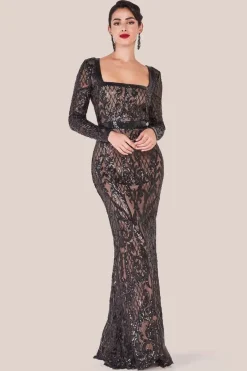 Sequin Square Neck Maxi With Scallop Hem - Black by Goddiva