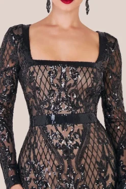 Sequin Square Neck Maxi With Scallop Hem - Black by Goddiva