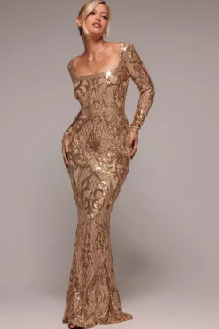 Sequin Square Neck Maxi With Scallop Hem - Gold by Goddiva