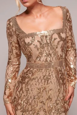Sequin Square Neck Maxi With Scallop Hem - Gold by Goddiva