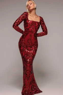Sequin Square Neck Maxi With Scallop Hem - Red by Goddiva