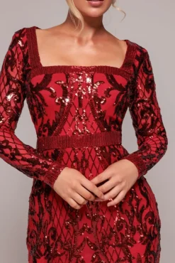 Sequin Square Neck Maxi With Scallop Hem - Red by Goddiva