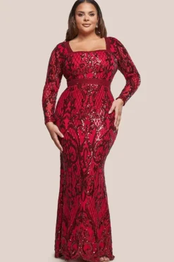 Sequin Square Neck Maxi With Scallop Hem - Red by Goddiva Plus