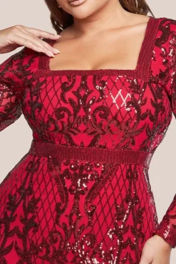 Sequin Square Neck Maxi With Scallop Hem - Red by Goddiva Plus