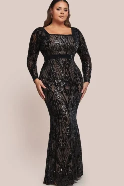 Sequin Square Neck Maxi With Scallop Hem - Black by Goddiva Plus