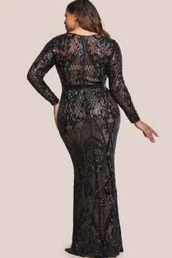 Sequin Square Neck Maxi With Scallop Hem - Black by Goddiva Plus