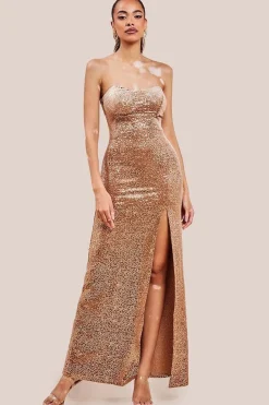 Sequin Velvet Bandeau Maxi Dress - Champagne by Goddiva