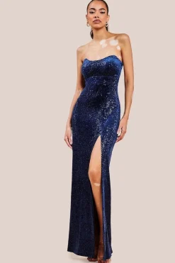 Sequin Velvet Bandeau Maxi Dress - Navy by Goddiva