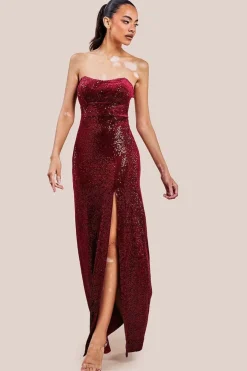 Sequin Velvet Bandeau Maxi Dress - Wine by Goddiva