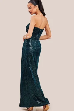 Sequin Velvet Bandeau Maxi Dress - Emerald Green by Goddiva