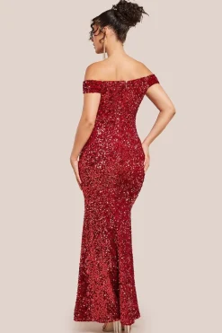 Sequin Velvet Bardot Evening Maxi Dress - Red by Goddiva