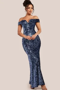 Sequin Velvet Bardot Evening Maxi Dress - Midnight Blue by Goddiva