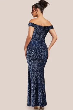 Sequin Velvet Bardot Evening Maxi Dress - Midnight Blue by Goddiva