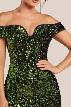 Sequin Velvet Bardot Evening Maxi Dress - Olive Green by Goddiva
