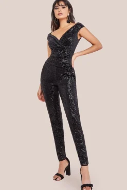 Sequin Velvet Bardot Jumpsuit - Black by Goddiva