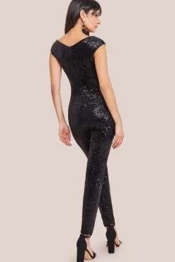Sequin Velvet Bardot Jumpsuit - Black by Goddiva