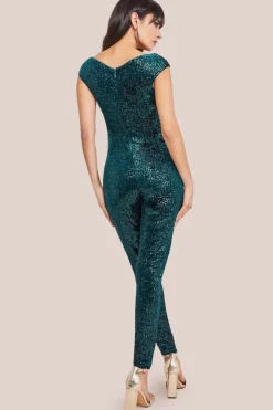 Sequin Velvet Bardot Jumpsuit - Emerald Green by Goddiva