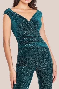 Sequin Velvet Bardot Jumpsuit - Emerald Green by Goddiva