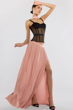 Sheer Panel Mesh Corset & Side Split Jersey Maxi Skirt & Scarf Black & Blush Pink by Goddiva