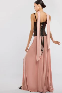 Sheer Panel Mesh Corset & Side Split Jersey Maxi Skirt & Scarf Black & Blush Pink by Goddiva