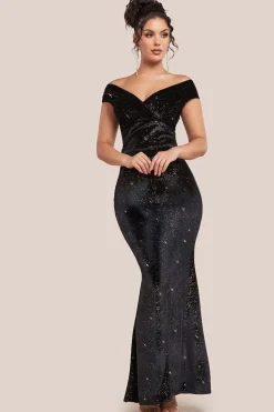Shimmer Velvet Bardot Maxi Dress - Black Gold by Goddiva