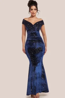 Shimmer Velvet Bardot Maxi Dress - Navy by Goddiva