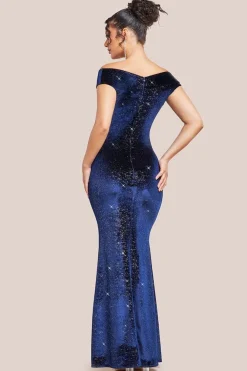 Shimmer Velvet Bardot Maxi Dress - Navy by Goddiva