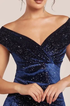 Shimmer Velvet Bardot Maxi Dress - Navy by Goddiva