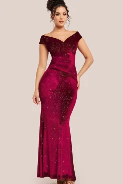 Shimmer Velvet Bardot Maxi Dress - Wine by Goddiva