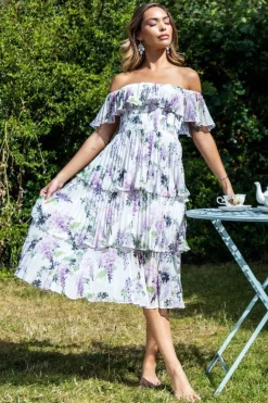 Shirred Chiffon Floral Bardot Midi Dress - Multi by Goddiva