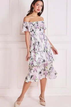Shirred Chiffon Floral Bardot Midi Dress - Multi by Goddiva