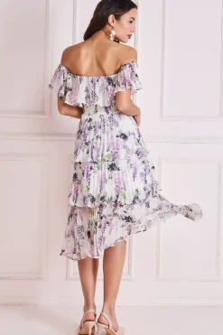 Shirred Chiffon Floral Bardot Midi Dress - Multi by Goddiva