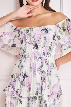 Shirred Chiffon Floral Bardot Midi Dress - Multi by Goddiva
