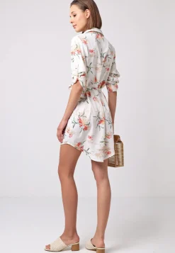 Shirt Dress With 3/4 Sleeve And Tie Belt In White Floral by Angeleye