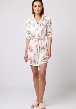 Shirt Dress With 3/4 Sleeve And Tie Belt In White Floral by Angeleye