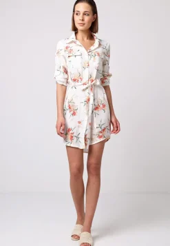 Shirt Dress With 3/4 Sleeve And Tie Belt In White Floral by Angeleye