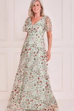 Short Sleeve Embroidered Floral Maxi - Sage Green by Goddiva
