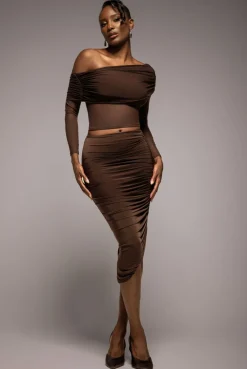 Side Gathered Asymmetric Midi Skirt - Brown by Goddiva