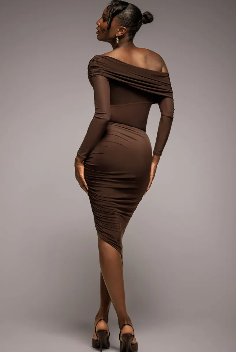 Side Gathered Asymmetric Midi Skirt - Brown by Goddiva