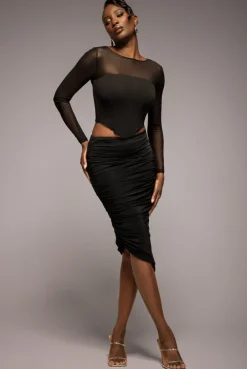 Side Gathered Asymmetric Midi Skirt - Black by Goddiva