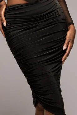 Side Gathered Asymmetric Midi Skirt - Black by Goddiva
