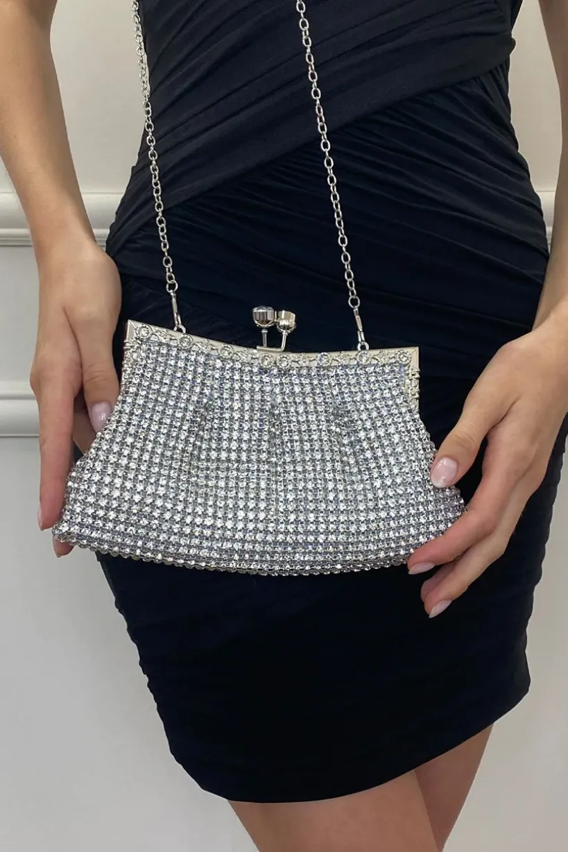 Silver Crystal Clutch Bag by SVNX